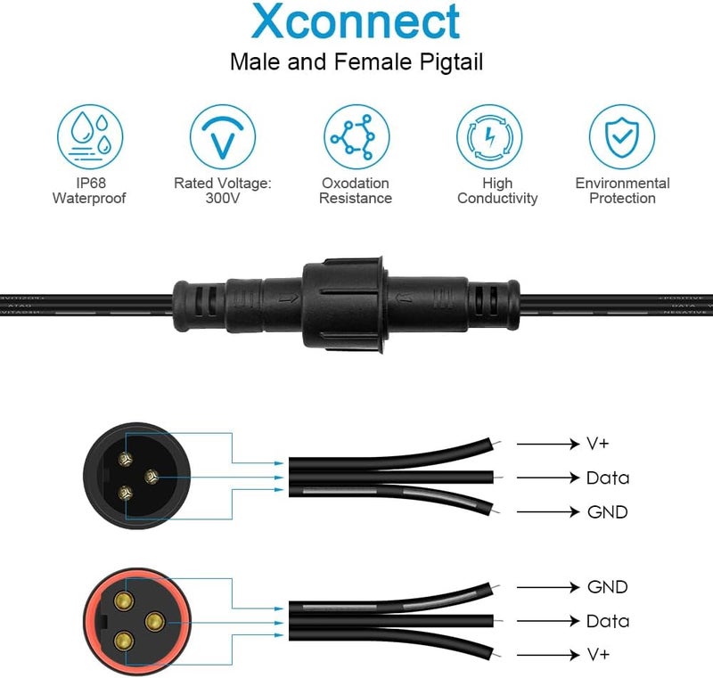 ALITOVE موصلات كهربائية مقاومة للماء 3 دبابيس Xconnect Pigtail 18AWG كابل تمديد 6in/15cm متوافق مع ASIN B0923SDR5T B0CM95W84B B0CW9NQ12K B0CM976SKW WS2811 أضواء عيد الهالوين وعيد الميلاد (5 أزواج) - Image 2